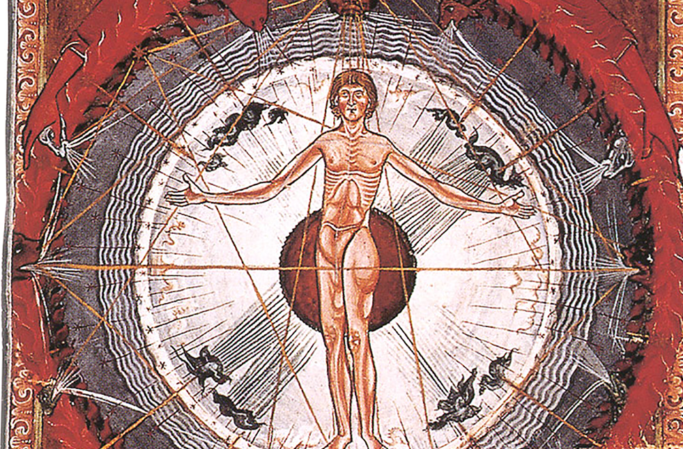 This illustration, titled “Universal Man,” was created by Hildegard of Bingen, a 12th century polymath who used numerous art forms to capture her mystical visions as well as scientific research.