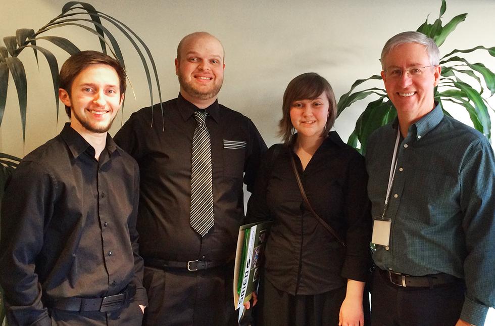 Three USAO students selected to perform with the state honor band enjoy a moment of relaxation at the Oklahoma Music Educators’ Association conference in January with their faculty sponsor.