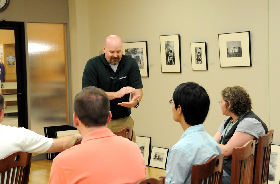Dr. James Finck, coordinator of the USAO Summer History Camp, talks with students at the 2013 camp that featured Dr. James “Bud” Robertson as the keynote speaker.