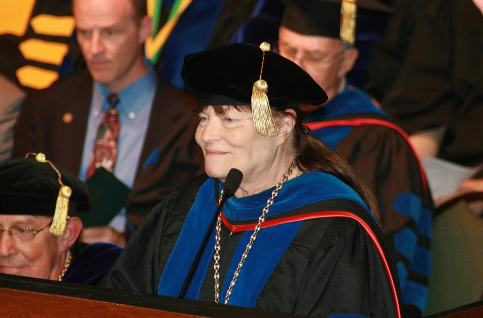 Dr. Ingrid Shafer, emerita professor of philosophy and religion, addressing graduates at the Spring 2009 Commencement.