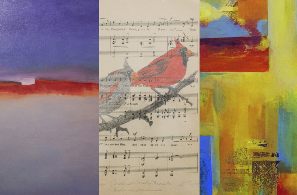 A collage of three pieces of artwork from the presenting artists.