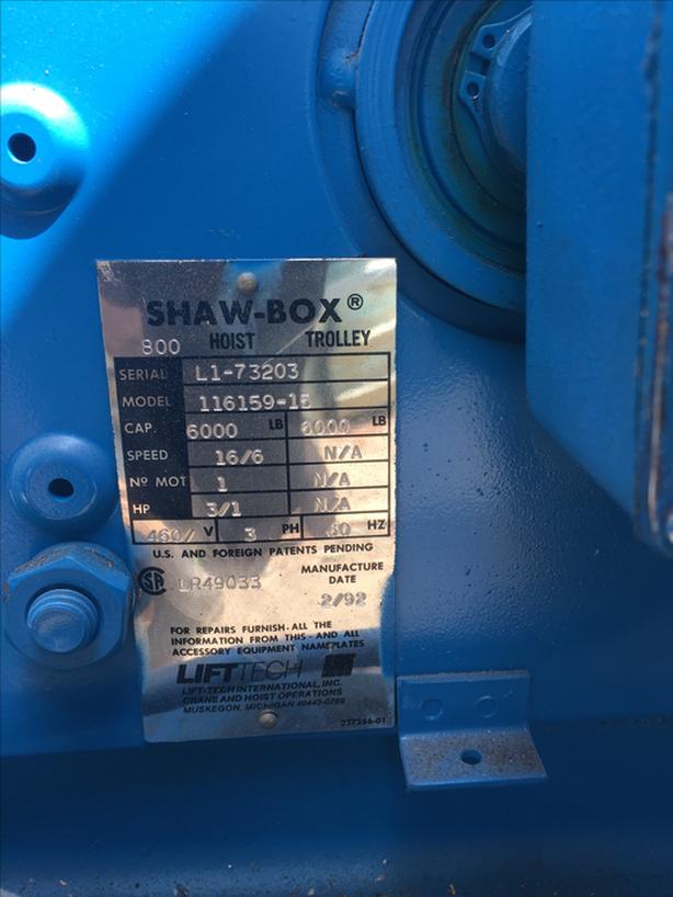 Shaw Box Lift Tech 800 Series 3 ton Wire Cable Hoist minimal usage Malahat (including Shawnigan