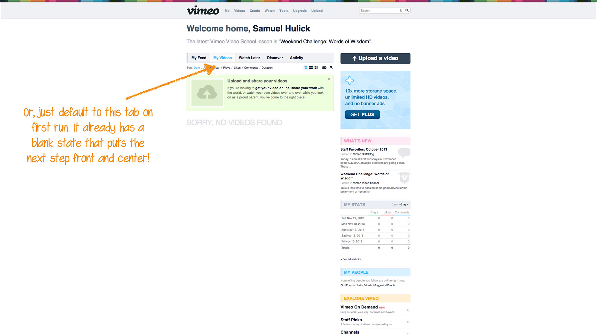 Screenshot of Vimeo's 'upload a video' empty state again