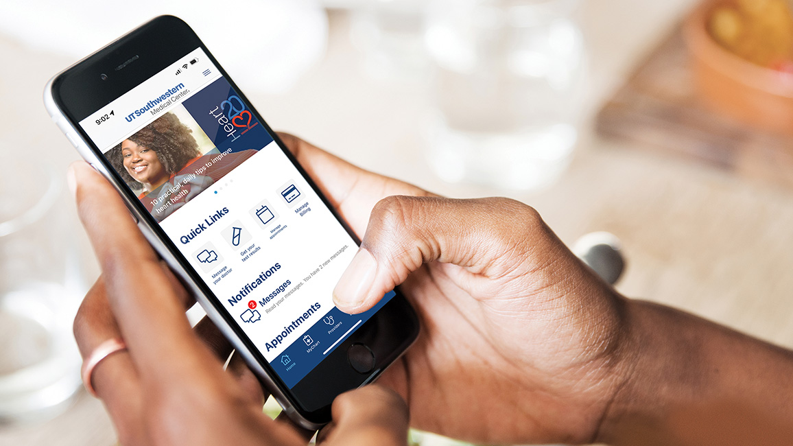 UTSWMyCare app on a phone
