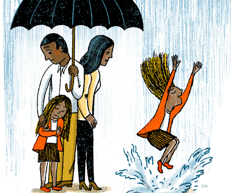 An illustration of a family standing under an umbrella in the rain, with one child splashing joyfully in a puddle.