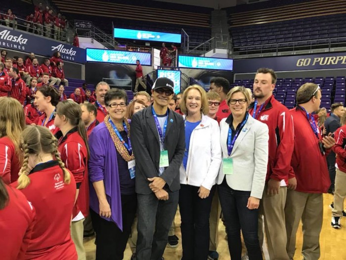 UW President Ana Mari Cauce, Microsoft CEO Satya Nadella, Seattle Mayor Jenny Durkan and President of Kaiser Permanente Washington, Susan Mullaney