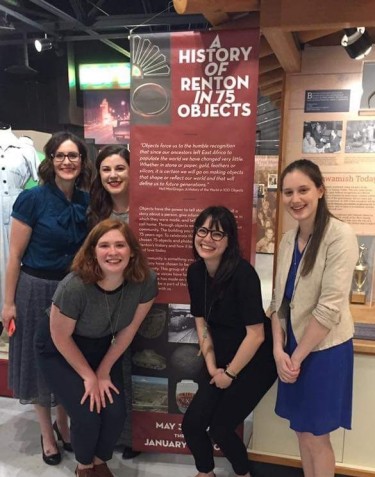 Celebrating the opening of her Renton History Museum exhibit, with (left to right) Sarah Samson, Blair Martin, Molly Winslow, Steffi Terasaki, Marina Mayne.