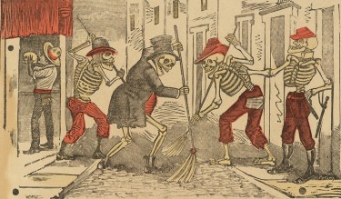 •Detail of Calavera de los patinadores (Street Sweeper’s Calavera), José Guadalupe Posada, Broadside: letterpress, relief print, N.D. Image courtesy The Trout Gallery