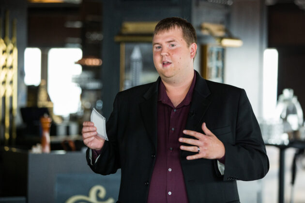 Membrion CEO Greg Newbloom participating in GeekWire's Elevator Pitch (Photo by Dan DeLong)