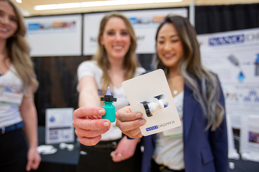 Nanodropper teammates, from left to right: Mackenzie Andrews, Jennifer Steger and Allisa Song. Not pictured: Elias Baker. (Photo by Matt Hagen / UW Buerk Center for Entrepreneurship)