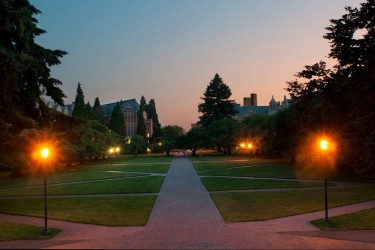 Lighted walkways at dusk on the University of Washington campus.