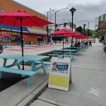 Picnic tables on a city street