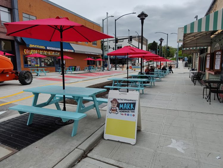 Picnic tables on a city street
