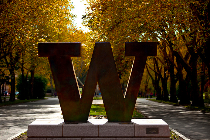 Bronze W on Memorial Way on the Seattle campus