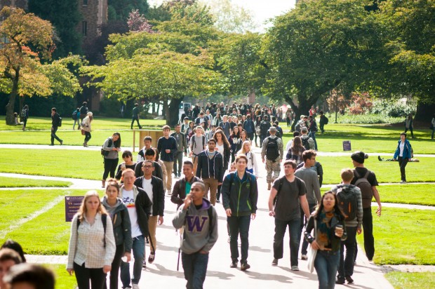 UW Seattle students walking through the quad.