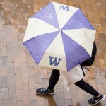 Student walking with UW umbrella