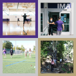 A collection of four images framed in UW colors featuring people dancing, bumping elbows, playing bocce ball, and hiking.