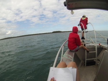 Second day of research, Tiffany and Dr.Dunbabin as we were anchored, taking video data of the area in which we were conducting out Ecomapper deployments.