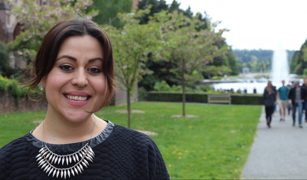Annabel Cholico, OMAD alumna, stands near Drumheller Fountain.