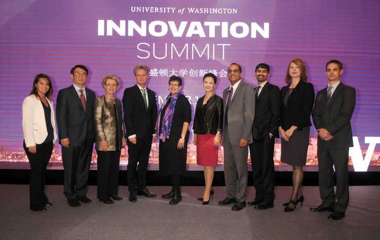 Speakers at the University of Washington’s inaugural Innovation Summit, held November 13 in Shanghai, China. From left: Adina Mangubat, Jiande Chen, Chris Gregoire, Ralph Haupter, Ana Mari Cauce, Yuan Ming, Vikram Jandhyala, Shwetak Patel, Gina Neff and Ben Waters. (Not pictured: Wang Jian)