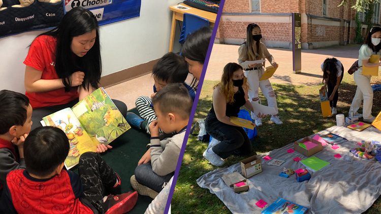 Photo on left of reading circle among preschool studnets. Photo on right of undergraduates preparing activity kits outside during the pandemic.