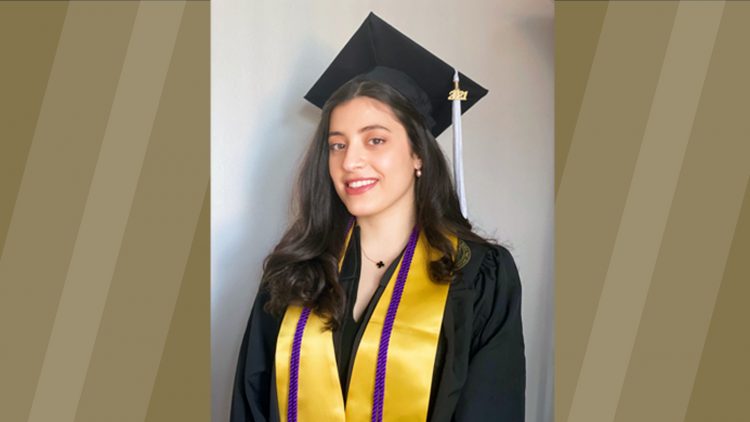 Photo of Maha in graduation attire on gold background
