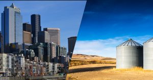 Photo collage of Seattle skyline on the left and two silos in a wheat field on the right.