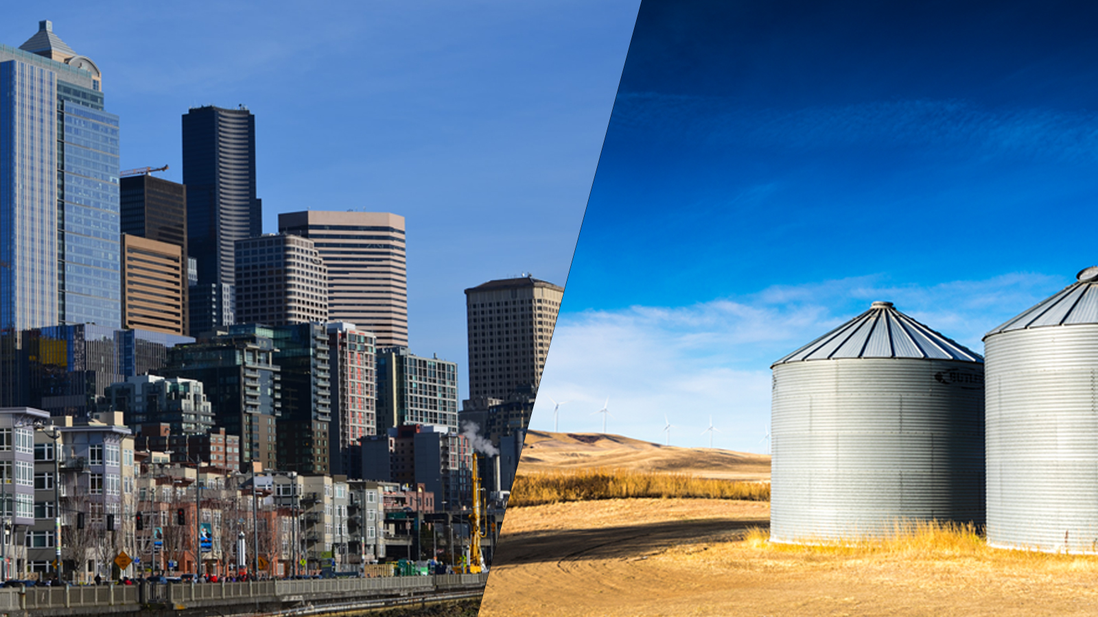Photo collage of Seattle skyline on the left and two silos in a wheat field on the right.