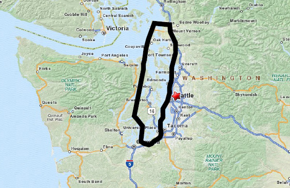 One gets an idea of the vastness of iceberg B-15A by superimposing its shape over Puget Sound. Image by Seelye Martin/ UW