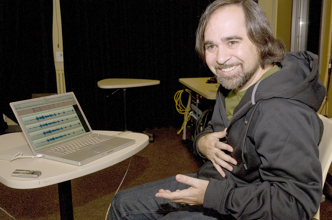Composer Juan Pampin with his laptop, on which can be seen a portion of the work to be played at the percussion performance. | Photo by Mary Levin