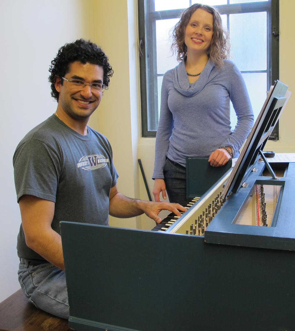 Soprano Megan Huckabay and harpsichordist Jonathan Bezdegian rehearse for “Handel and Fielding: Italian Opera and English Song. Soprano Megan Huckabay and harpsichordist Jonathan Bezdegian