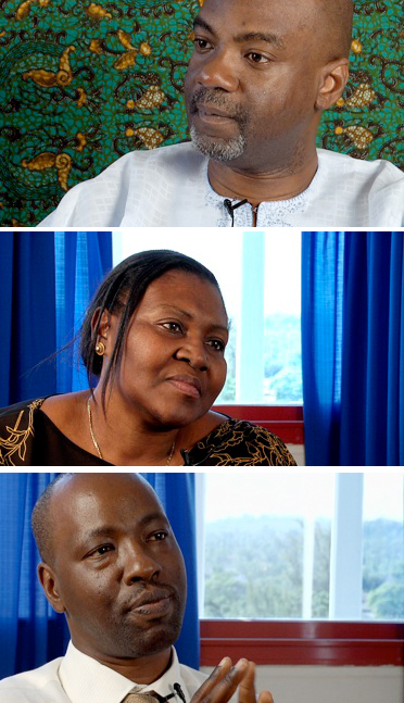 Top to bottom, Prosecutor Charles Phillips discusses the difficulty of putting rape witnesses and victims on the witness stand. Colette Ngoya talks about the pain of hearing these horrific stories day after day. And Information Officer Straton Musonera, a Rwandan native, discusses the difficulty of holding the trials in Tanzania.