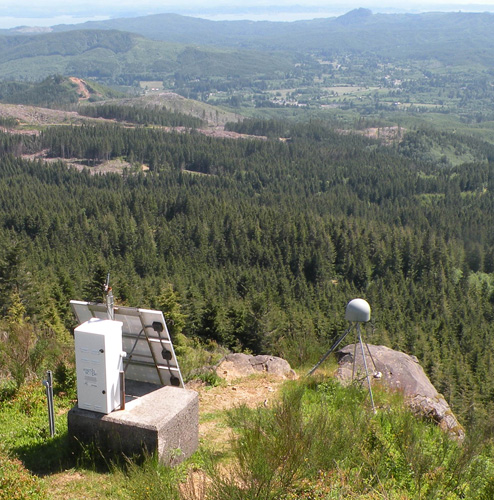 The GPS component of an advanced seismometer sits atop Radar Ridge outside Astoria, Ore. The installation is part of the Pacific Northwest Seismic Network.