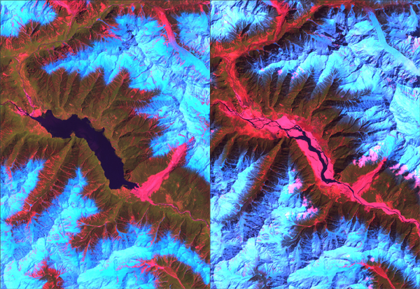 The Landsat satellite image at left shows a huge lake on the Tsangpo River behind a dam created by a landslide (in red, lower right of the lake) in early 2000. The image at right shows the river following a catastrophic breach of the dam in June 2000.