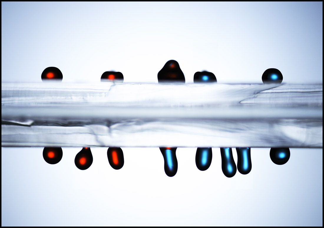Drops of red and blue liquid move along the upper and lower surface of the vibrating UW platform at speeds up to 1 inch per second. This combined image shows drops as they move toward the center and merge.