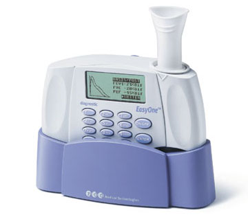 A spirometer for testing lung function in asthma and emphysema and before-and-after smoking cessation.