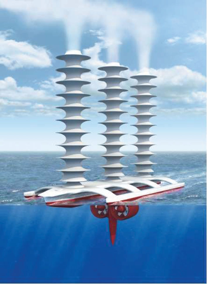 cloud brightening ship unusual water craft with three large sprayers shooting water into the sky