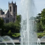 Drumheller Fountain and Gerberding Hall on the UW campus.
