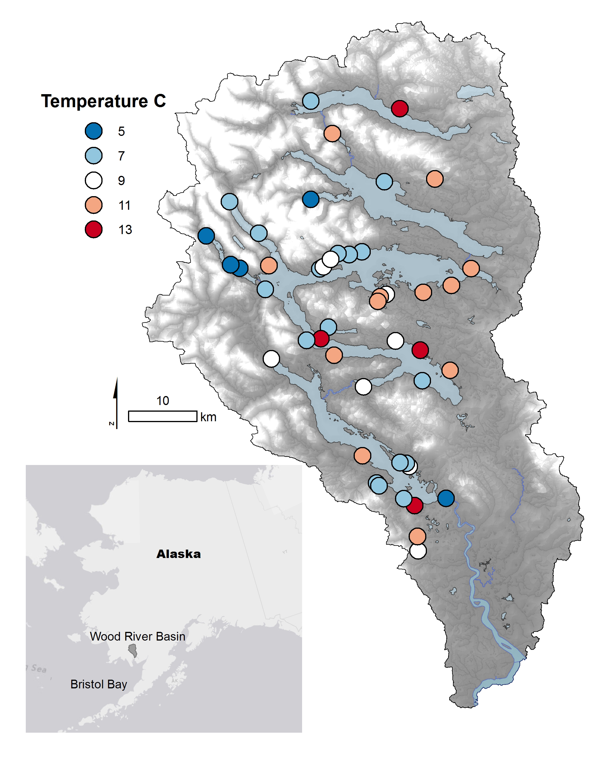TemperatureMap Watershed dotted with streams of different temperatures in Alaska