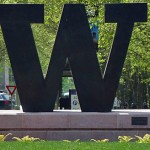 A large 'W' is at the north entrance to the UW campus.