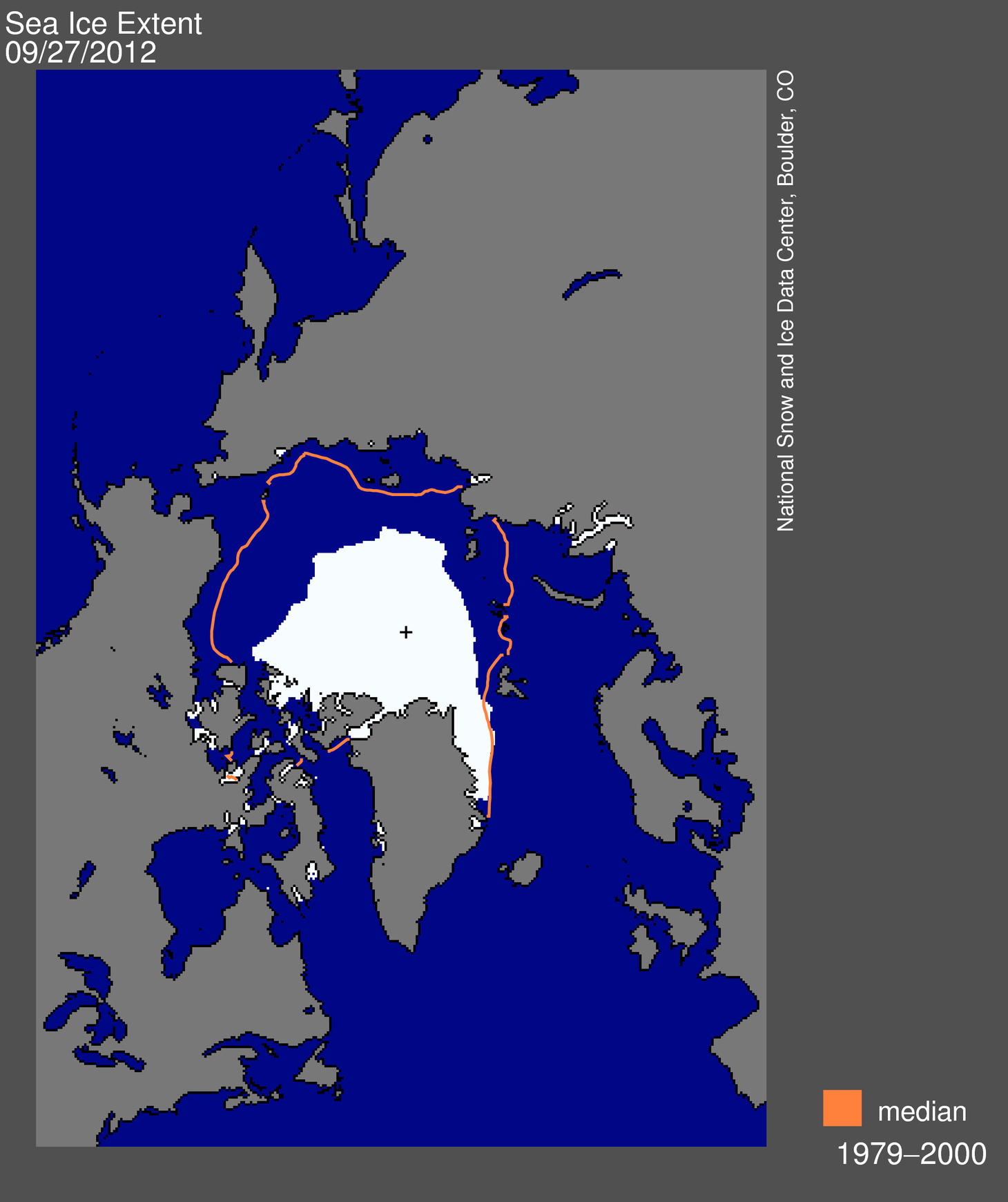 the image shows the average area that Arctic sea ice covered from 1979 through 2000 and the much smaller area the sea ice covers now.