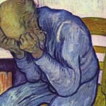 A sorrowing old man in the painting "At Eternity's Gate" by Vincent van Gogh.