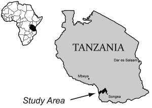 Map of Tanzania with study area pointed out in southwest