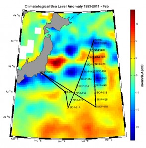 Map of ocean height and route