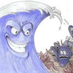 Drawing of wave with menancing face and startled mussels on shore