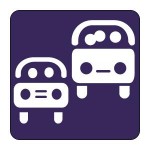 Drawing of two cars with passengers on purple background