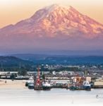 Waterfront with tugs, Mount Rainer in background