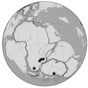 Globe with main continents grouped as single landmass with stars denoting five basins