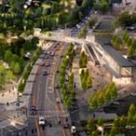 Illustration of University light rail station and bridge over Montlake Blvd