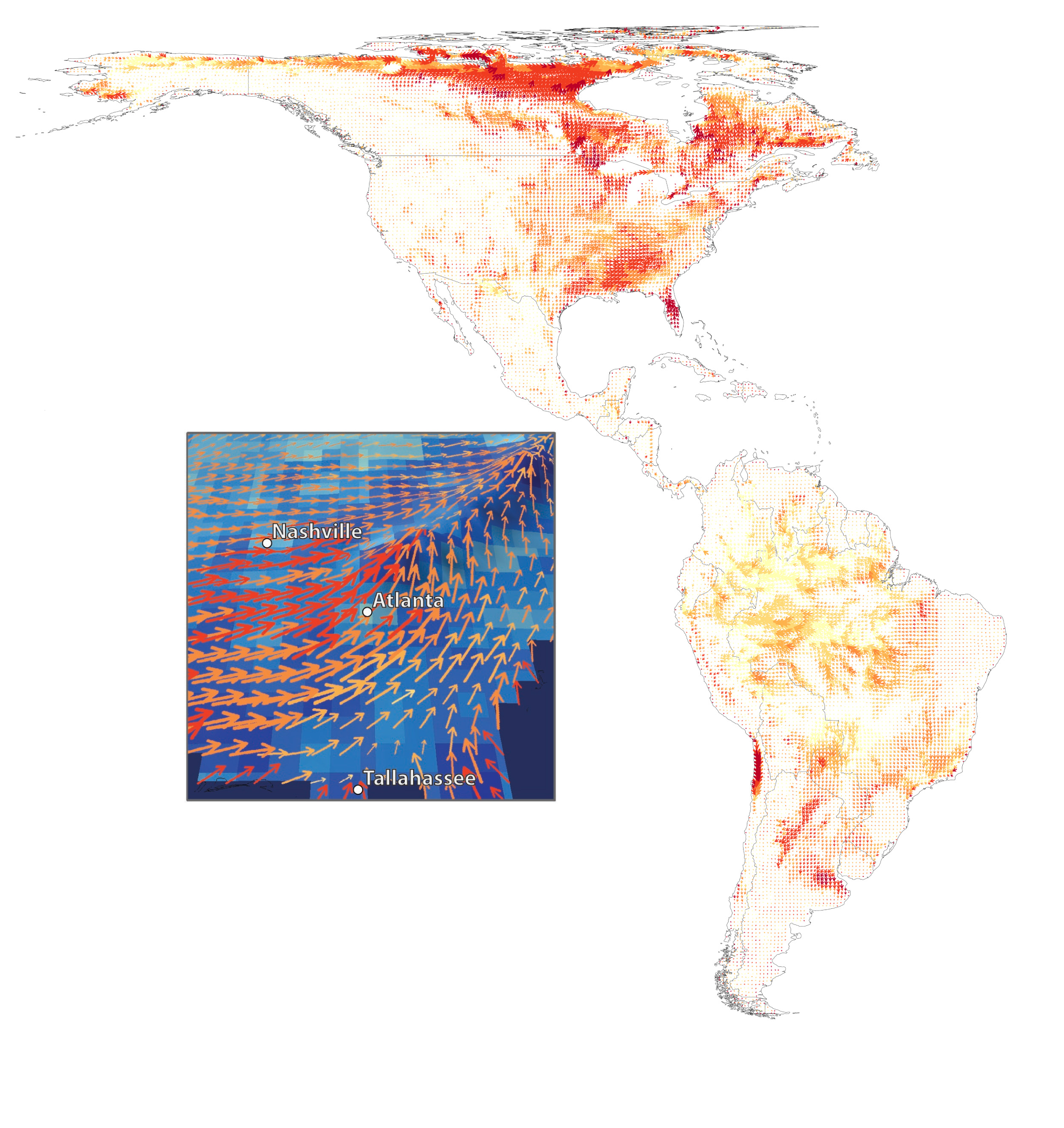 Map of North and South America with yellow and red arrows
